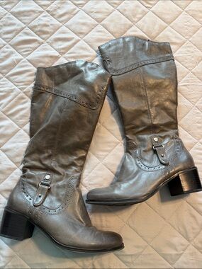 Bass Gray Faux Leather Mid-Calf Heeled Boots